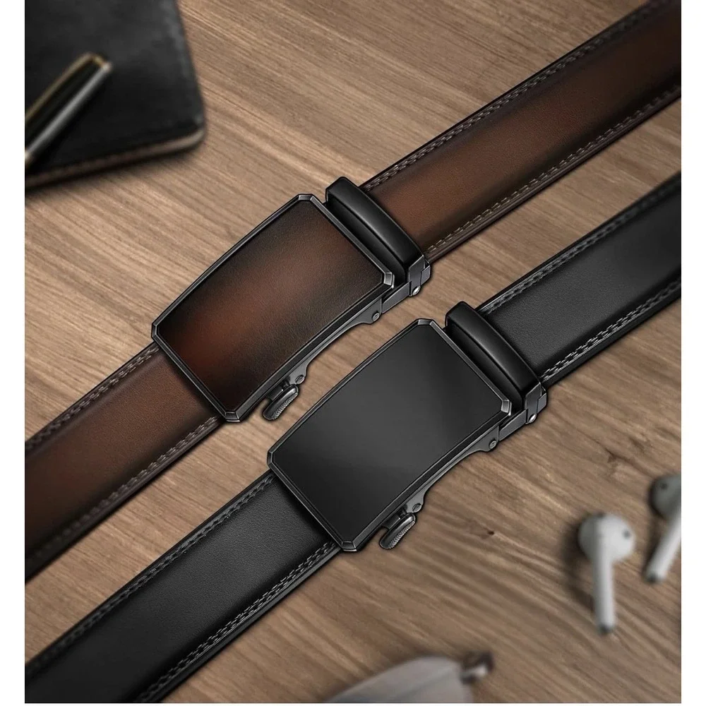 Kemisant Mens Ratchet Belt 2 Pack Black Brown Leather Automatic Slide Buckle Set